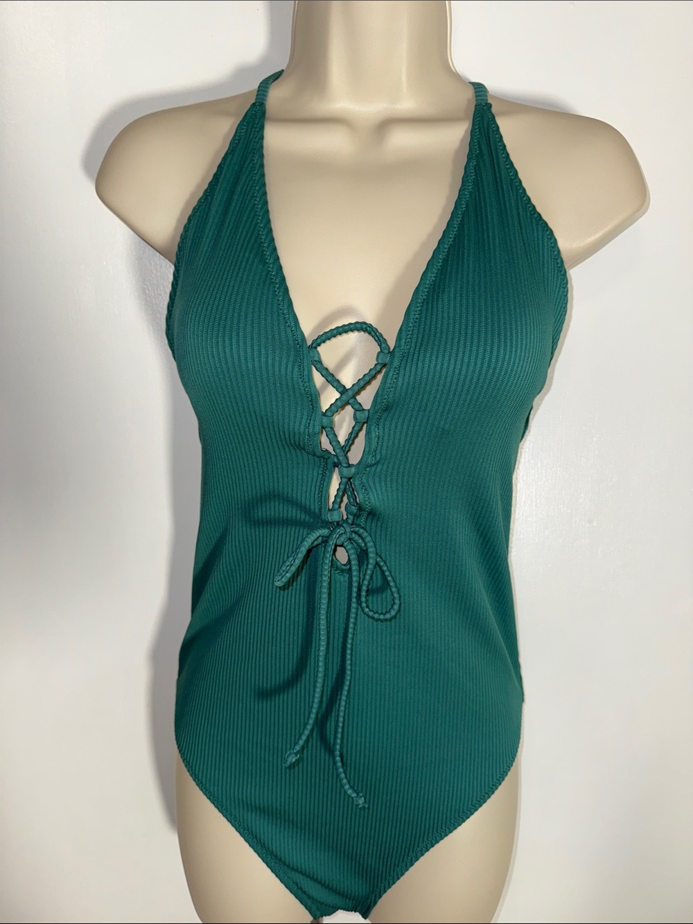 CUPSHE Ribbed Lace Up V-Neck One Piece Swimsuit Women’s XL Green
